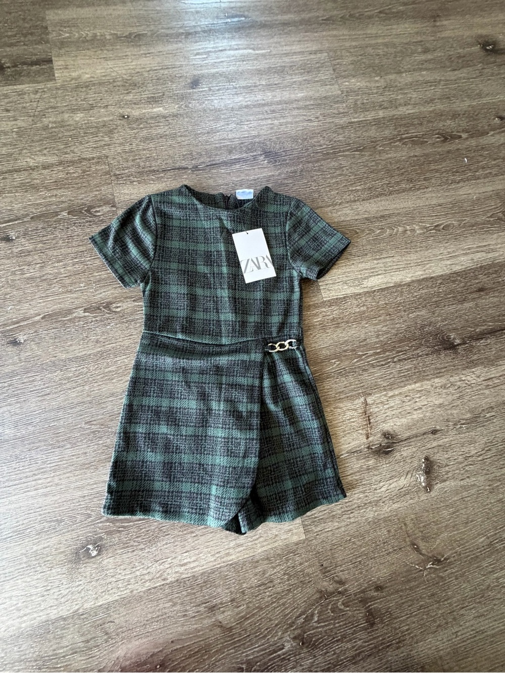 ZARA Green Plaid Short Romper with Gold Chain Accent